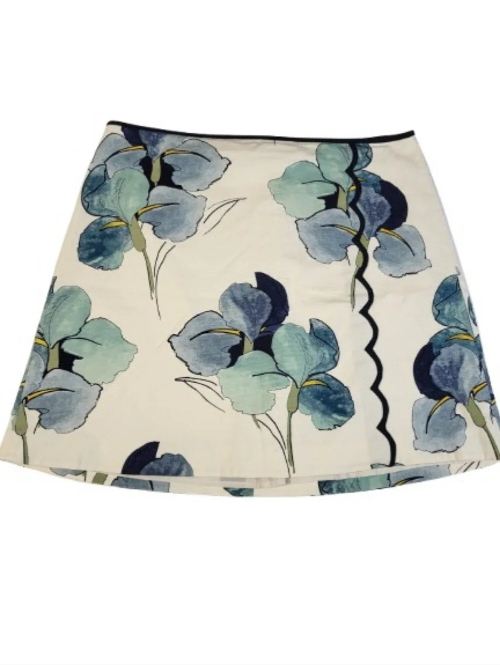 Tory Burch Iris Print A Line Skirt Black Scallop Trim Lined Blue Cream
